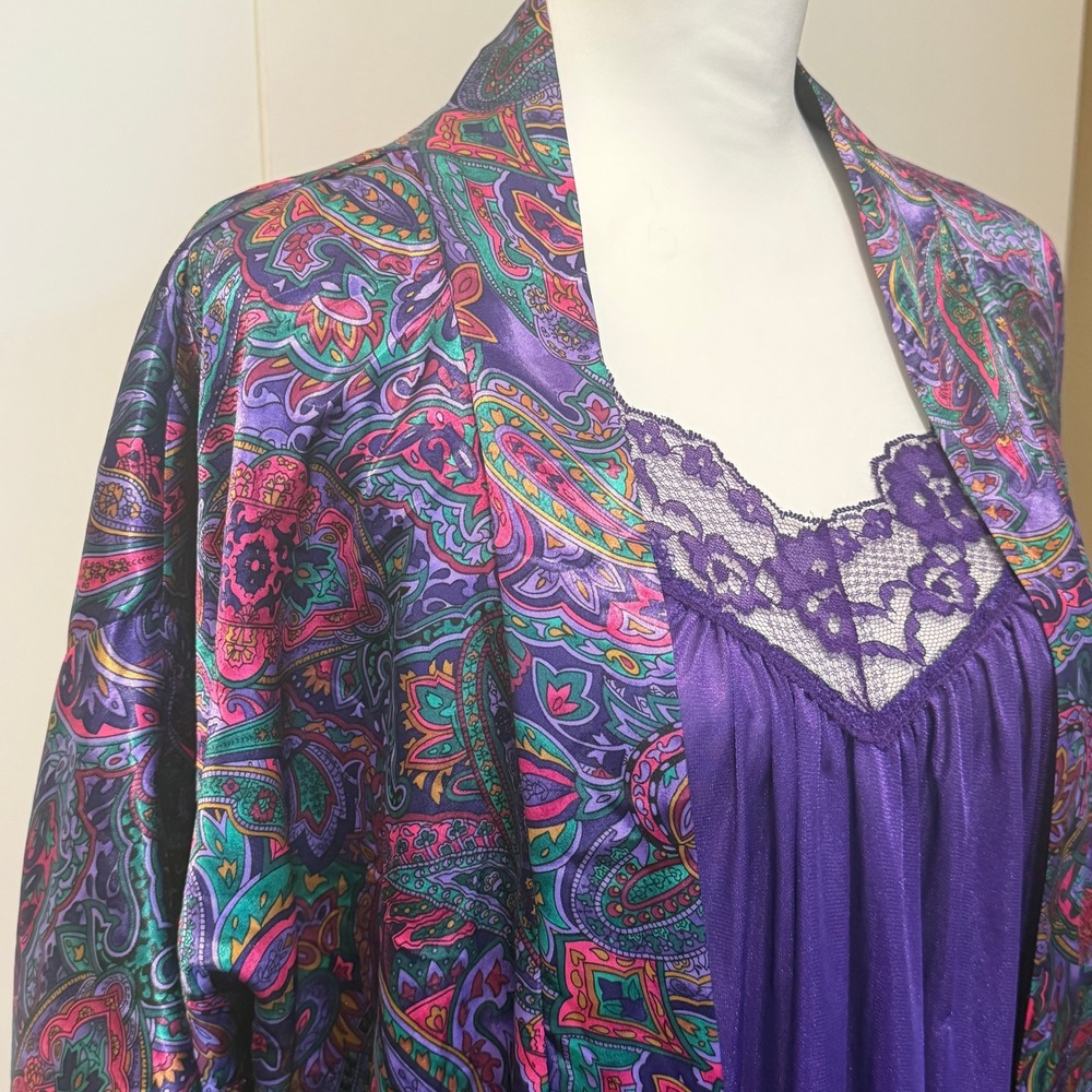 Vintage Adonna Robe Chemise Slip Dress Set L Purple Paisley Lingerie Boho READ